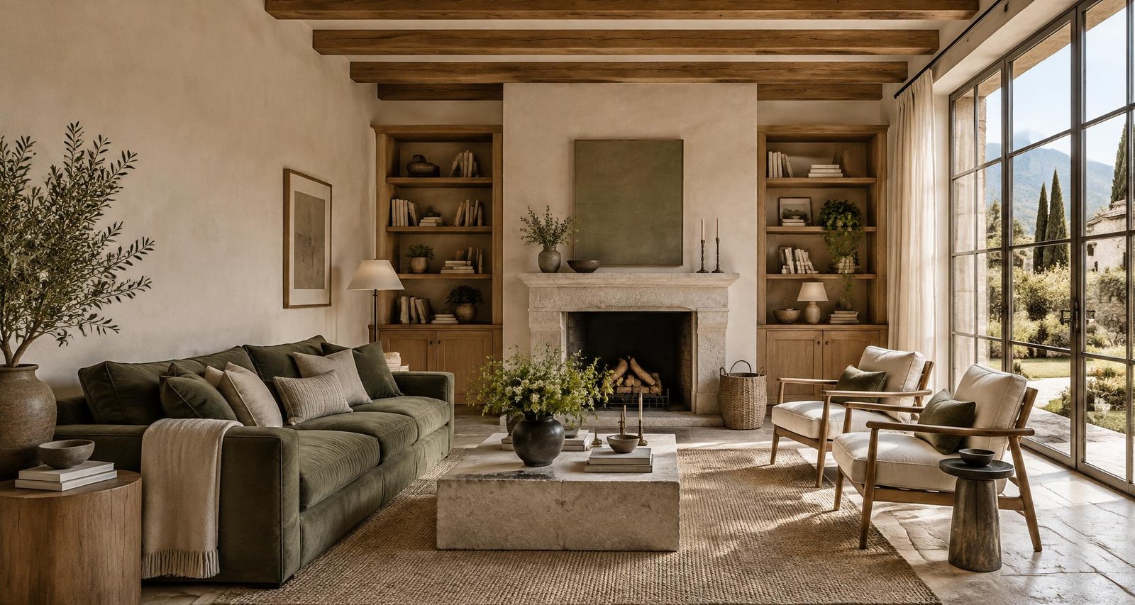 Interior de inspiración: salón luminoso con madera, piedra y tonos verdes
